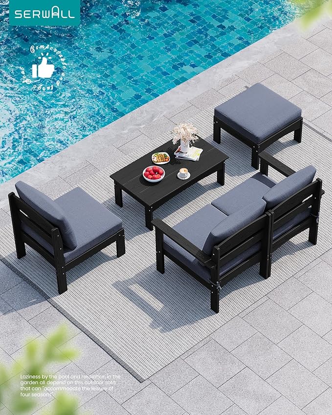 SERWALL 5-Piece Patio Sofas with 15FT Double Side Patio Umbrella, All-Weather HDPE Outdoor Sectional Sofa, Large Modular Patio Conversation Set for Garden, Deck, Porch, Black Frame with Grey Cushion