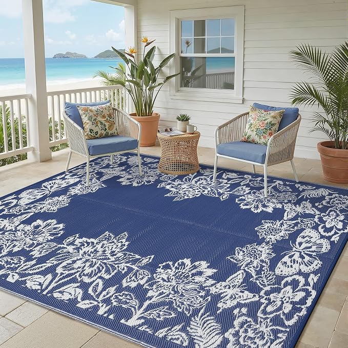 Garvee 5’x8’ Waterproof Patio Outdoor Rug, Outdoor Plastic Straw Rug for Camping, RV Mat Outside, Indoor Outdoor Carpet for Porch, Deck, Backyard, Balcony, Picnic, Navy & White