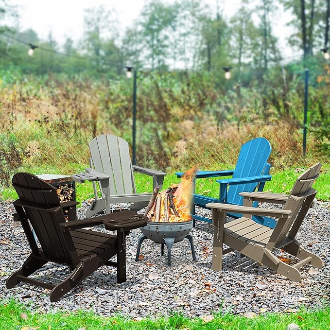 Adirondack Chair, HDPE Folding Adirondack Chair with Multifunctional Cup Holder, Weather Resistant Fire Pit Chair for porches, patios, patios, poolsides, Decks.