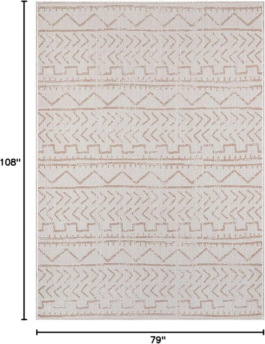 Beverly Rug Waikiki Indoor Outdoor Rug 6x9, Washable Outside Carpet for Patio, Deck, Porch, Trellis Area Rug, Water Resistant, Beige - White