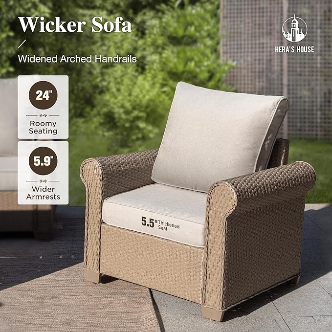 HERA'S HOUSE 8-Piece Patio Furniture Set, All Weather 9 Seats Outdoor Wicker Sofa with Ottomans, Rattan Patio Conversation Set with 5.5" Cushions and 57" Fire Pit Table, Beige