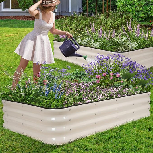 1MORE Raised Garden Bed -5X3X1 Galvanized Planter Box for Outdoor Gardening,4 in 1 Modular Raised Bed Kit with Protective Tape, Gloves for Herb,Ideal for Vegetables and Plants.White-2Pcak