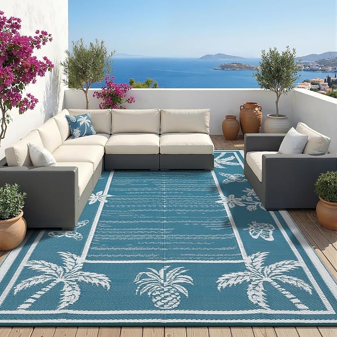 Garvee Outdoor Rug 8x10 Waterproof for Patios, Reversible Plastic Straw Rug, Tropical Leaf Indoor Outdoor Rugs, Large Area Rug for RV, Camping, Deck, Picnic Mat, Outside Carpet, Blue/White