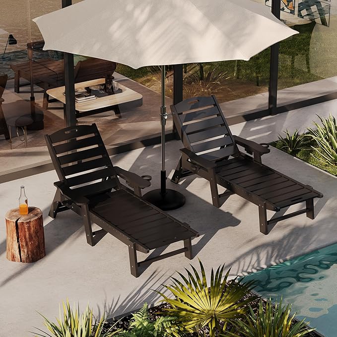 PeakPursuit Patio HDPE Chaise Lounge, Oversize 5-Position Lounge Chair with Cup Holder, Resin Pool Lounger Chair for Outside