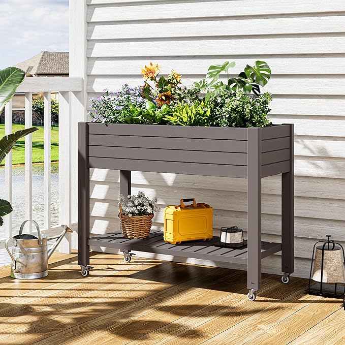 Raised Garden Bed with Wheels, Divisible Resin Planter Box with Drainage Gauge & Storage Shelf, Herb Planter for Garden Patio Backyard, Gray