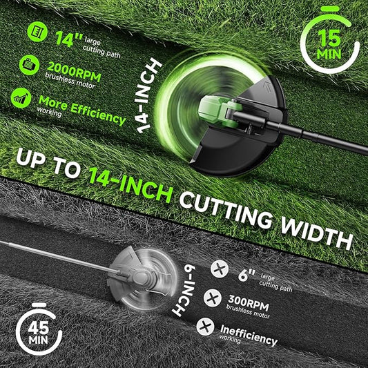 14'' Electric Weed Wacker Cordless, 20000RPM Wheeled String Trimmer Weed Eater Battery Powered, 3 in 1 Lightweight Cordless Edger Grass Trimmer Weed Trimmer with 8 Replacement Spools for Garden, Lawn