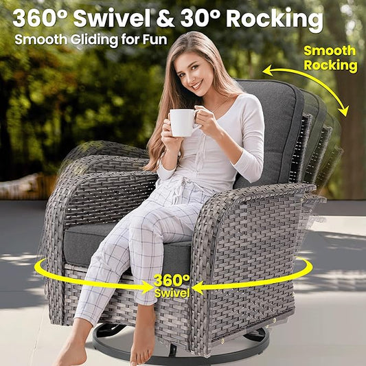 ovios 10 Pieces Patio Furniture Set, Outdoor Wicker Sofa Couch with Rocking Swivel Chairs Solar Lights Table Fire Pit, Modern Deep Seat Rattan Conversation Sets, Black