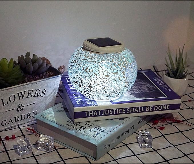 Color Changing Solar Powered Mosaic Glass Ball Lights, Rechargeable Solar Lantern Table Lights, Waterproof LED Garden Night Lights for Patio Yard Outdoor Decor (White)