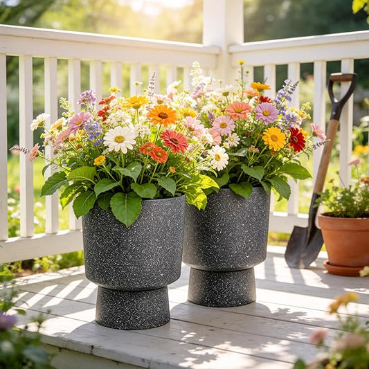 16.8" Large Planters Set of 2 Modern Pedestal Plant Pots with Drainage Hole, Durable Plastic Flower Pots w/Terrazzo Finish, Weather-Resistant for Garden Patio Balcony Home Outdoor Indoor Decor