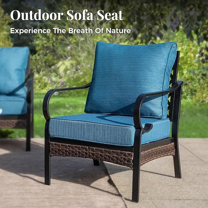 Patio Furniture Set with Firepit Table, Black Frame Outdoor Conversation Set with 2 x Fixed Chairs, 1 x 2-Seat Sofa, 1 x 3-Seat Sofa for Lawn Garden Backyard, Pacific Blue
