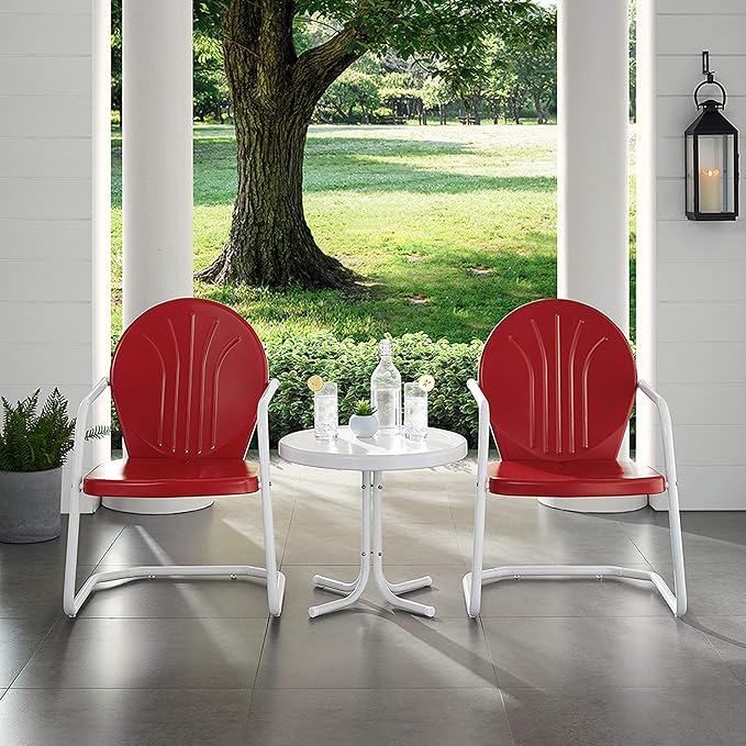 Crosley Furniture Griffith 3-Piece Outdoor Chair and Side Table Set, Retro Metal Bistro Patio Sets for Porch, Red