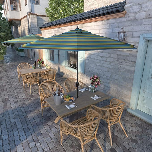 California Umbrella 9' Round Sunbrella Aluminum Outdoor Deck, Pool or Patio Umbrella, Crank Lift, Auto Tilt, Bronze Pole, Astoria Lagoon
