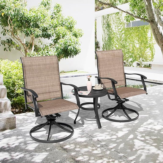 NUU GARDEN 3 Piece Outdoor Bistro Set, 2 Swivel Bistro Chairs and 20" Round Bistro Table, Patio Textilene Fabric, Powder-Coated Iron Frame, for Patio, Deck, Garden, Backyard, Black and Brown