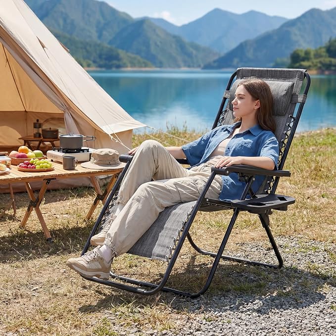 Alpen Outdoor Chaise Lounge Chairs Set of 2, Adjustable Zero Gravity Chair, Foldable Patio Chairs with Reclining Design & Breathable Mesh for Lawn Beach Camping, Grey