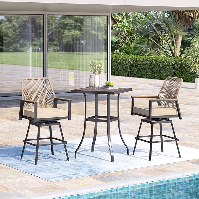 3 Piece Outdoor Bar Set, Height Rattan Bar Stools with Wood Grain Top Coffee Table, Wicker High Top Outdoor Table and Chairs with Cushion, Patio Barstool Set for Porch, Pool and Deck, Beige