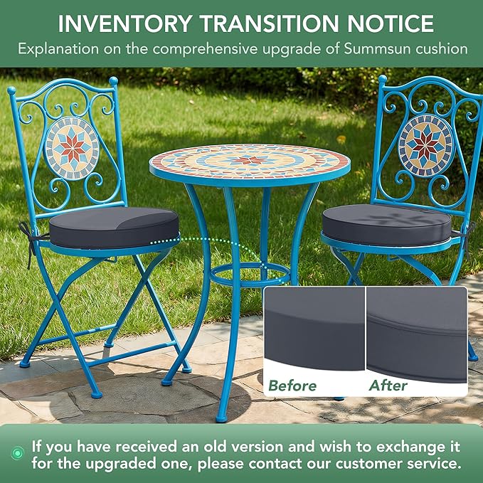 Summsun Outdoor Bistro Chair Cushions Set of 2, 15" D x 3" H Round Chair Cushions Waterproof and Fade Resistant Chair Cushion Pads with Non-Slip Ties and Removable Covers for Garden, Dark Grey