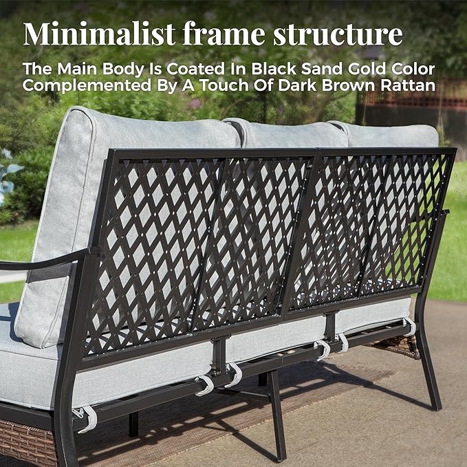 Patio Furniture Set with Firepit Table, Black Frame Outdoor Conversation Set with 2 x Fixed Chairs, 1 x 3-Seat Sofa for Lawn Garden Backyard, Light Grey