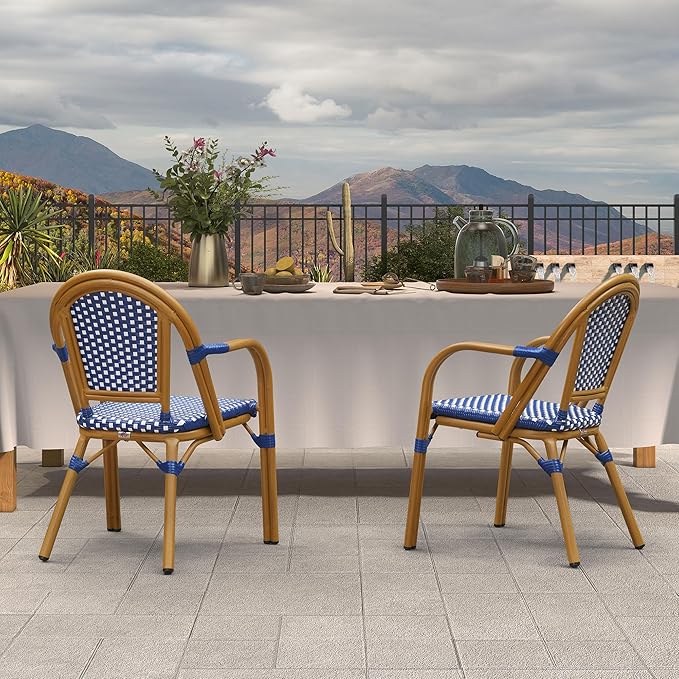 PURPLE LEAF French Bistro Chairs Set of 2 Aluminum Wicker Rattan Hand-Woven Armchairs Outdoor Dining Chairs for Patio Kitchen Garden Bamboo Print Finish Deep Blue