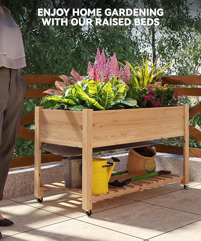 GarveeHome Raised Garden Bed 48x24x32 in Mobile Elevated Wood Planter Raised Beds w/Lockable Wheels, Storage Shelf, and Protective Liner for Indoor/Outdoor Gardening,Natural