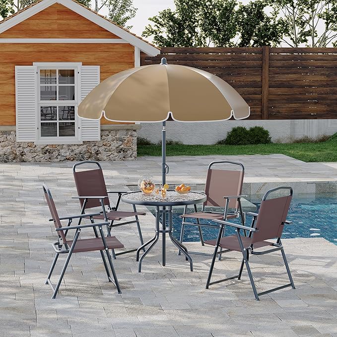 Outdoor Dining Set With Umbrella, Tempered Glass Top Dining Table and 4 Folding Chairs With Umbrella, 6 Pieces Garden Patio Furniture Set for Garden and Backyard