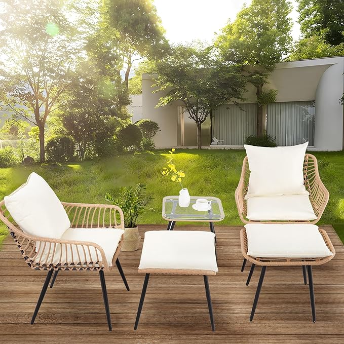 5 Piece Patio Furniture Set, Outdoor Wicker Small Conversation Bistro Set, All-Weather PE Rattan Chairs with Ottoman & Coffee Table, Ideal for Balcony Porch Deck Yard Poolside (Yellow/Beige)