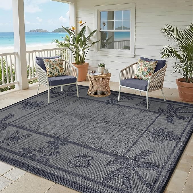 Garvee Outdoor Rug 5x8 Waterproof for Patios, Reversible Plastic Straw Rug, Tropical Leaf Indoor Outdoor Rugs, Large Area Rug for RV, Camping, Deck, Picnic Mat, Outside Carpet, Navy & Grey