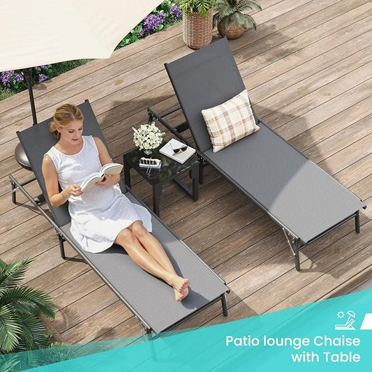 Amopatio Outdoor Lounge Chairs Poolside Chaise Lounge for Patio | Foldable & Portable & Stackble Weather Resistant Frame Breathable Textilene 5-Position Adjustable Backrest 400 LBS Capacity