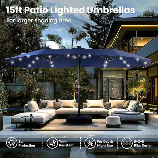 PHI VILLA 15ft Large Patio Umbrella with Solar Lights, Double-Sided Outdoor Market Rectangle Umbrellas with 36 LED Lights, Umbrella Base (Stand) Included, Navy Blue