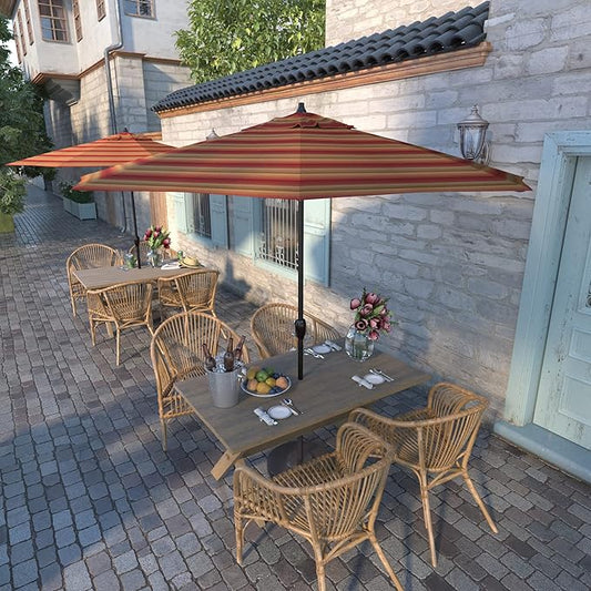 California Umbrella 9' Round Sunbrella Aluminum Outdoor Deck, Pool or Patio Umbrella, Crank Lift, Auto Tilt, Bronze Pole, Astoria Sunset