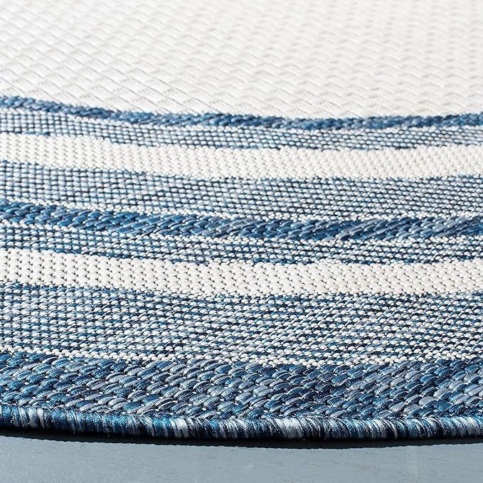 SAFAVIEH Washable Rug Outdoor Courtyard Collection - 5'3" Round, Ivory & Navy, Non-Shedding & Easy Cleaning, Ideal for Patio, Backyard, Mudroom (CY8475-53412)