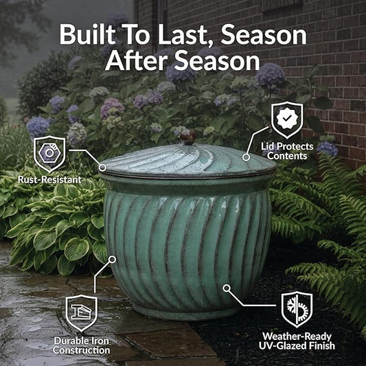 Sunnydaze Metal Garden Hose Holder Pot with Lid - UV-Resistant 145-Foot Garden Hose Pot for Outside - Sage Glaze Finish