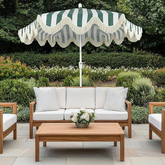JONATHAN Y UMB1001 Collins 9 ft. Classic Cottage Tassel Market Patio Umbrella with Auto-Tilt, Crank, Wind Vent and UV Protection