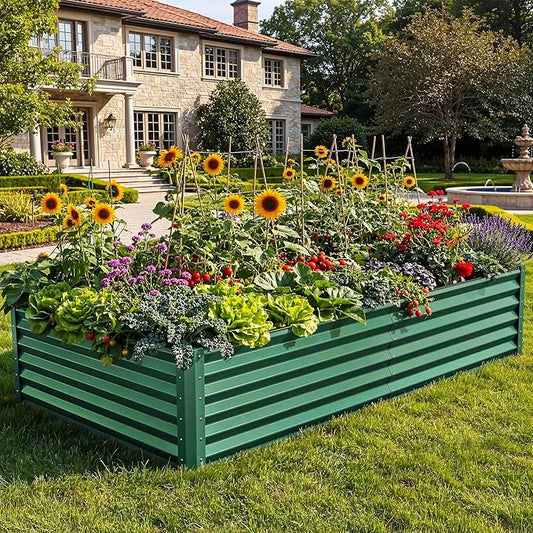 YITAHOME 8x4x1.5ft 2pcs Large Raised Garden Bed Kit, Galvanized Metal Planter Box with Gloves, Ground Nails & Safety Rubber, Outdoor Above Ground Planters for Plants Vegetables Flowers, Green