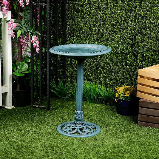 Alpine Corporation TEC116BL Pedestal Birdbath with Scrollwork Base and Ground Stakes, Décor for Lawn & Garden, 28" H, Blue