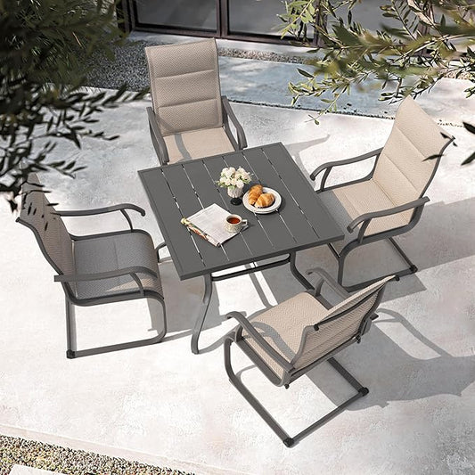 NUU GARDEN 5 Piece Patio Dining Set Outdoor Furniture with 37 Inch Table and Umbrella Hole Plus 4 Textilene Chairs Weather Resistant Dining Set for Garden Yard Porch Poolside Beige
