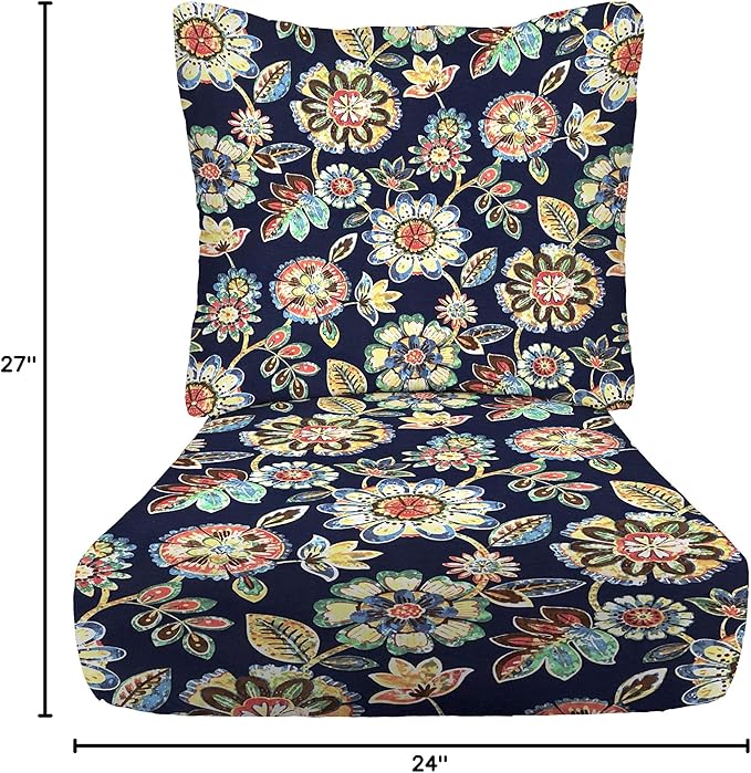 RSH DECOR: Deep Seating Cushion with Pillow Back | 24” x 27” Seat | All-Weather Spun Fabric | Water and Fade-Resistant | Outdoor Chair Cushion Set for Patio Furniture | Daelyn Navy