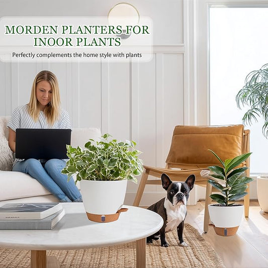 Self Watering Pots for Inoor Ourdoor Plants 10/9/8/7/6.5 Inch Plastic Planters with Drainage Holes & Water Level Indicator, Decorative House Flower Nursery Planting Pots with Saucers (White)
