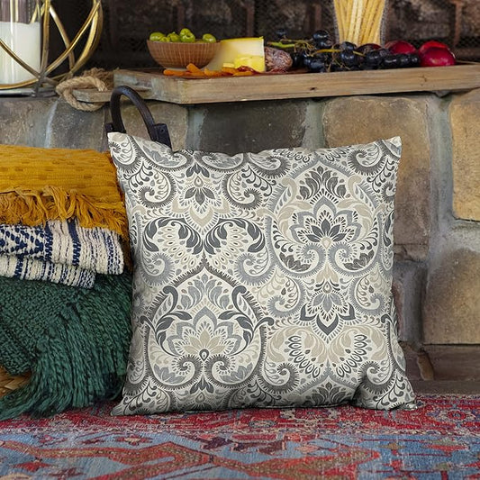 Arden Outdoor Throw Pillow, 16x16 Patio Accent Cushion, Water & UV Resistant, Fade Resistant Outdoor Decorative Pillow with Recycled Polyfiber Fill, Neutral Aurora Damask