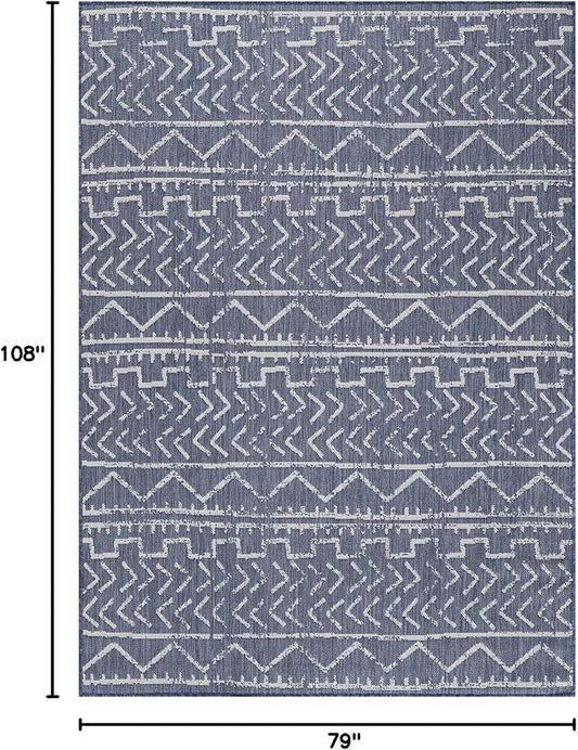 Beverly Rug Waikiki Indoor Outdoor Rug 6x9, Washable Outside Carpet for Patio, Deck, Porch, Trellis Area Rug, Water Resistant, Blue - White