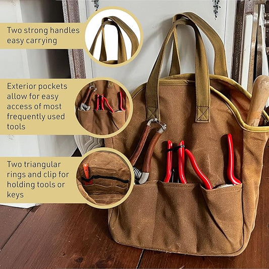 Garden Tool Bag - 12x14” Heavy Duty Waxed Canvas Tote Bag Caddy with 6 Interior and 3 Exterior Pockets for Organizing Gardening Tools - Gardening Gifts for Women and Men by Kings County Tools