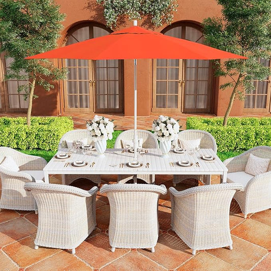 California Umbrella 11Ft Premium Patio Umbrella, Hand-Crank, Tilt-Collar, White Frame, Solution Dyed Sunset Fabric