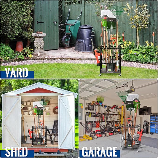 Mythinglogic Garden Tool Organizer for Garage, Yard Tool Rack with Wheels, Garage Organizers and Storage Holder for Yard Tools (Small Tower)