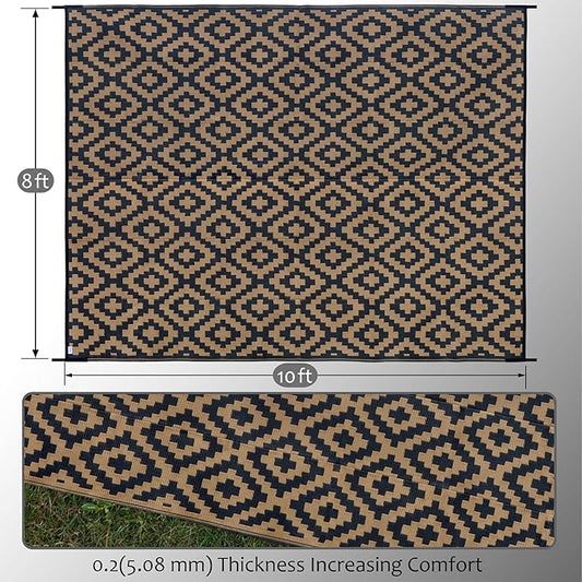 SAND MINE Reversible Mats, Plastic Straw Rug, Modern Area Rug, Large Floor Mat and Rug for Outdoors, RV, Patio, Backyard, Deck, Picnic, Beach, Trailer, Camping, Black & Brown, 8' x 10'