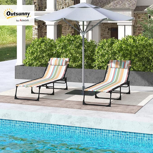 Outsunny Folding Chaise Lounge Chair Outdoor Set of 2 Mesh Seat Rainbow | Foldable, Sun Tanning Chair, Chaise Lounger, 4-Position Reclining Back, for Outside Patio Beach Poolside Backyard