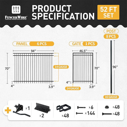 Fencer Wire 52FT Heavy Duty Flat Top Fence Barrier Kit, Anti-Rust Metal Steel Fence with 6FT Height X 8FT Width Panels, Gate, Posts, Connectors, 2” Diameter Outdoor Fencing for Yard, Pool, Patio