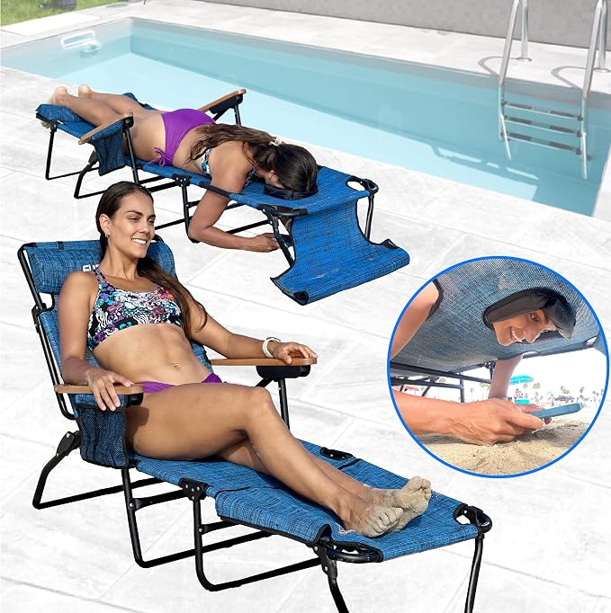 EASYGO PRODUCTS FLIP Face Down Tanning Chaise Lounge Chair with Face & Arm Holes - 4 Legs Support - Textilene Material - 6 Position - Arm Head Rest Pillow - Beach or Home Use