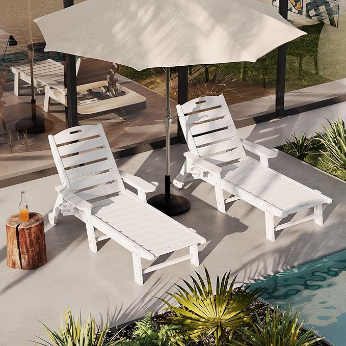 PeakPursuit Patio HDPE Chaise Lounge with Rolling Wheels, Oversize 5-Position Lounge Chair with Cup Holder, Resin Pool Lounger Chair for Outside