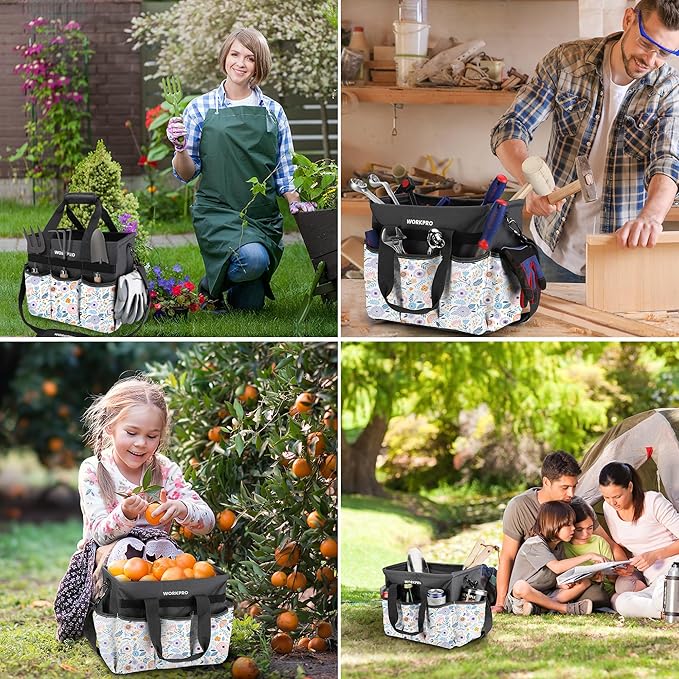 WORKPRO Garden Tool Bag Organizer, Heavy Duty Gardening Tote Bag with 10 Pockets and Long Adjustable Shoulder Strap, Standable Garden Home Tool Kits Organizer, Floral White (Tools are not Included)