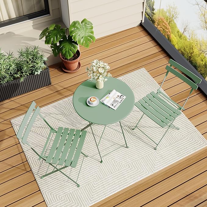Patio Bistro Set, 3-Piece Outdoor Folding Table and Chairs, Premium Steel Frame Weather Resistant Conversation Sets of 2, Space Saving Patio Furniture for Backyard Balcony Porch Garden