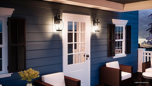 Urban Ambiance Luxury Colonial Outdoor Wall Light, Medium Size: 17" H x 5.5" W, with Transitional Style Elements, Bowed Design, Gorgeous Dark Medieval Bronze Finish and Beveled Glass, UQL1170